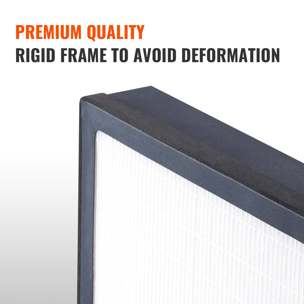 HEPA air filter replacement close-up of dark rigid frame with white pleated media