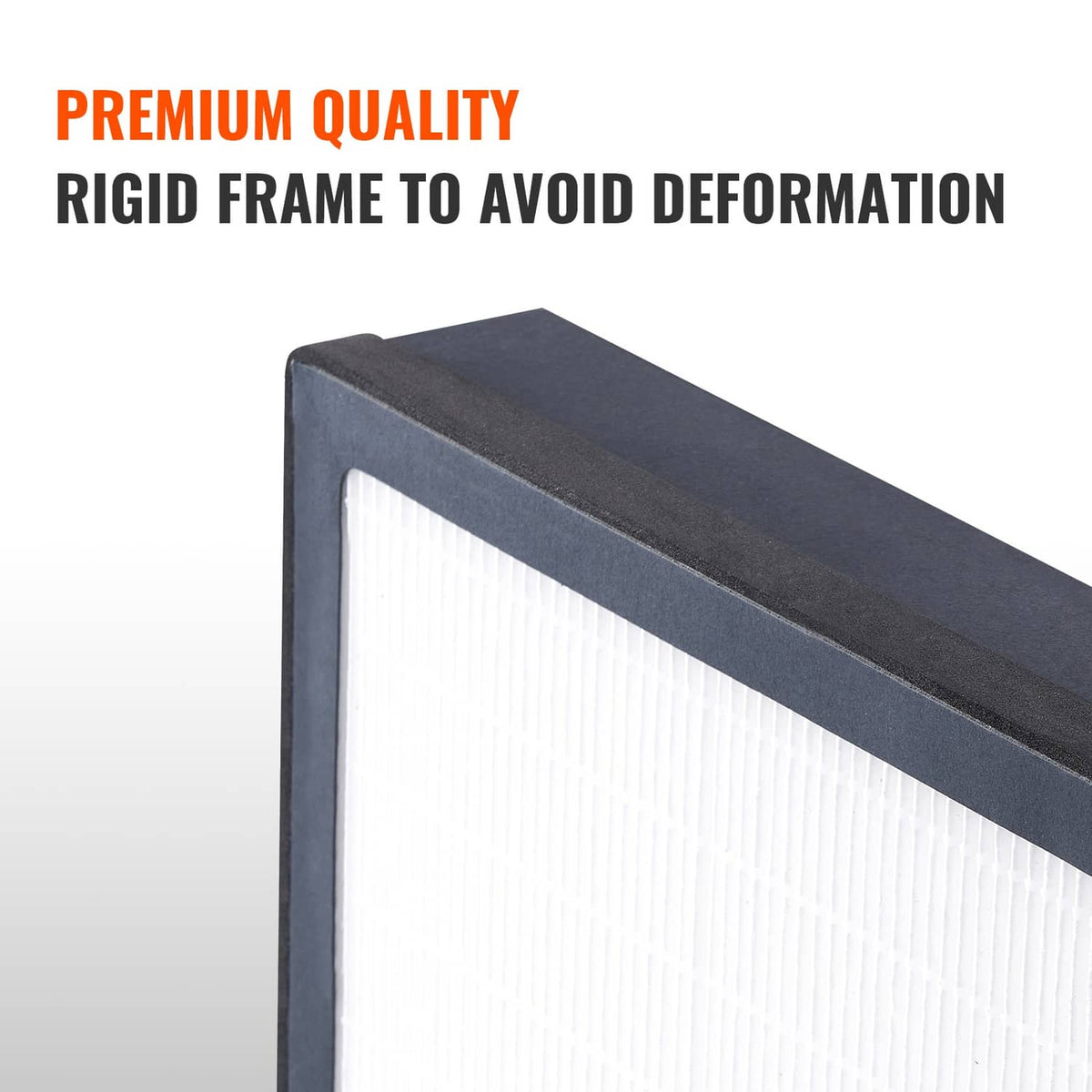 HEPA air filter replacement close-up of dark rigid frame with white pleated media