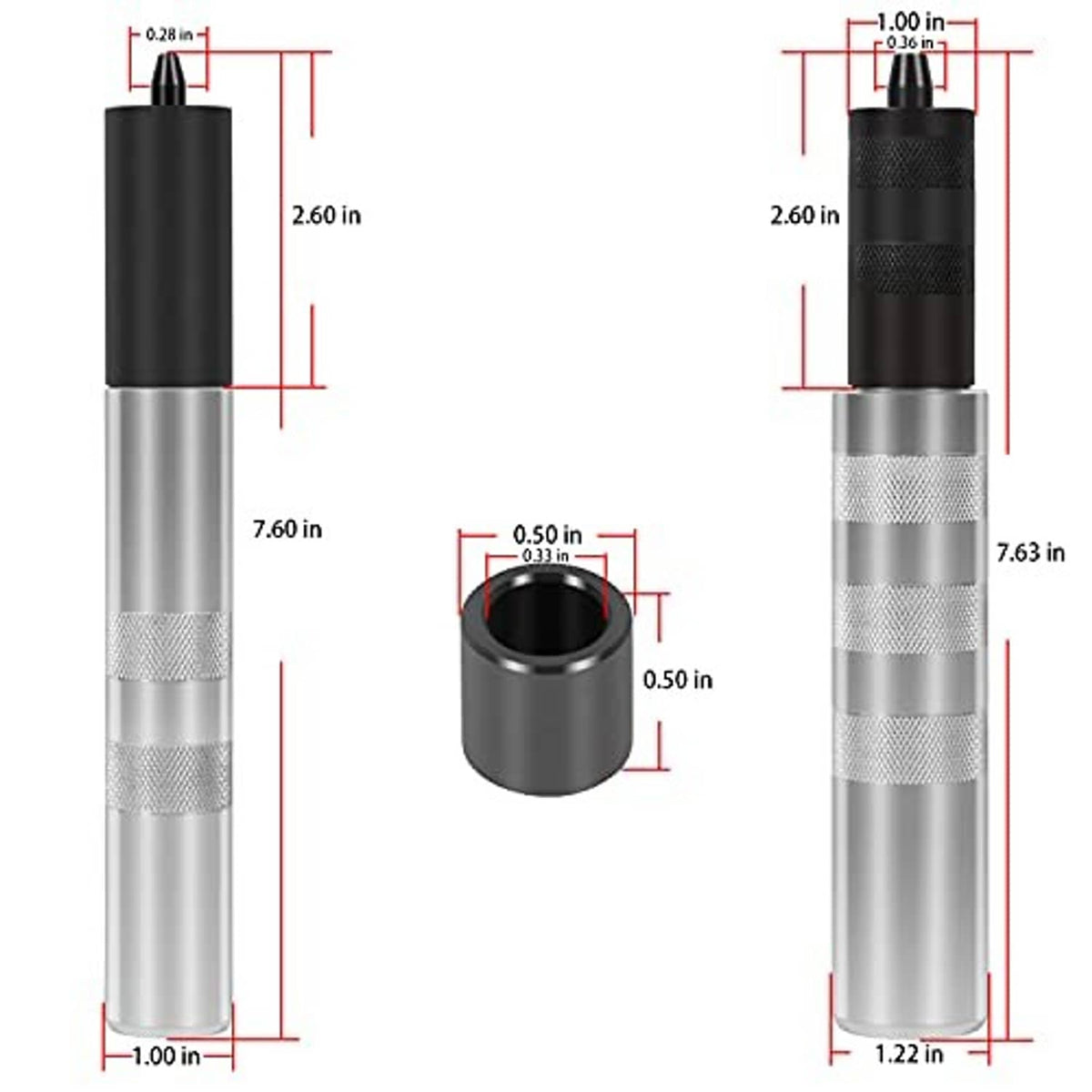 Valve keeper tool dimensions: silver knurled cylinders with black ends and center bushing