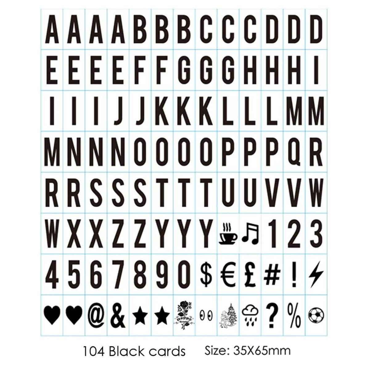 104-piece black letter and number sticker sheet, includes symbols and punctuation