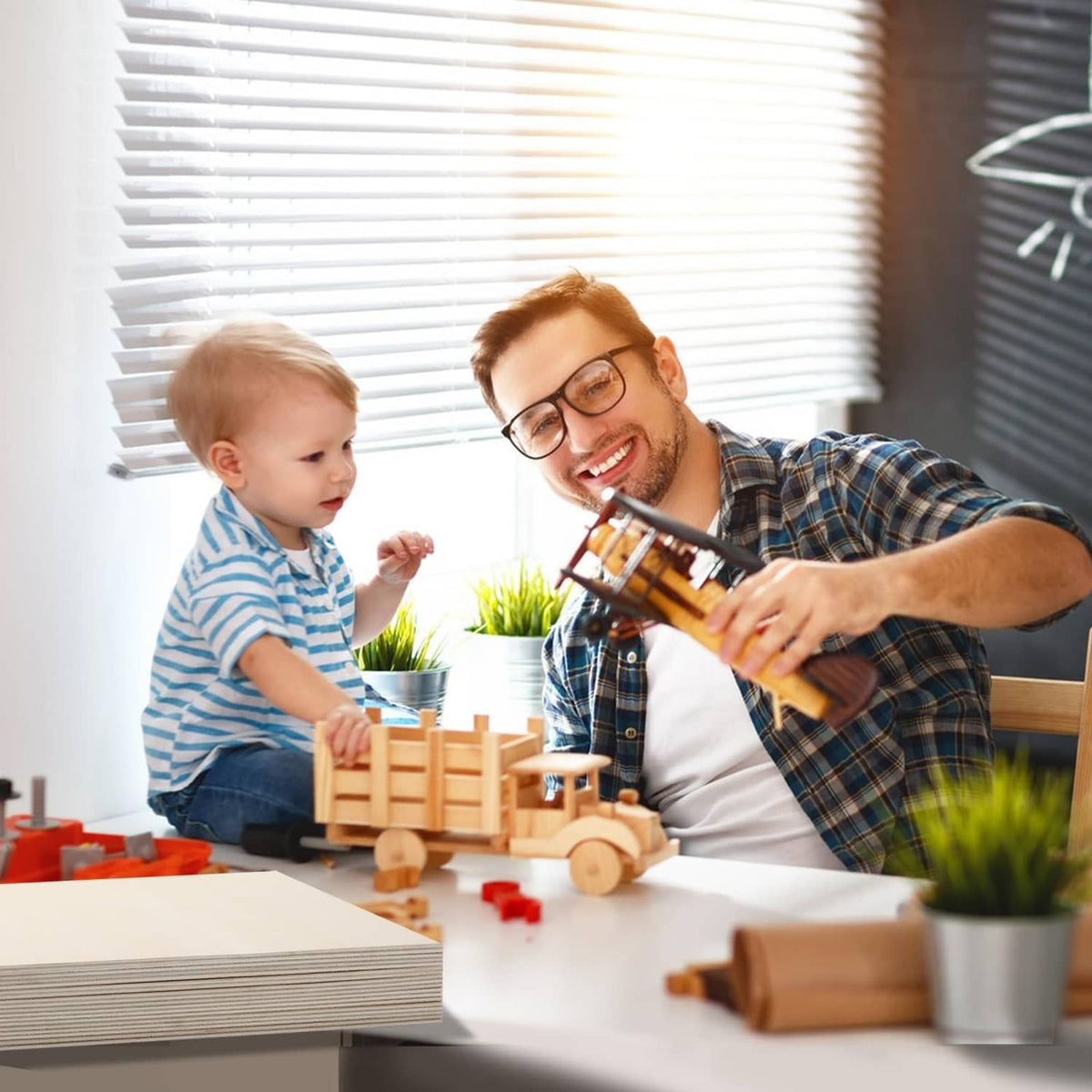 Wooden train and block toys made from basswood craft pieces