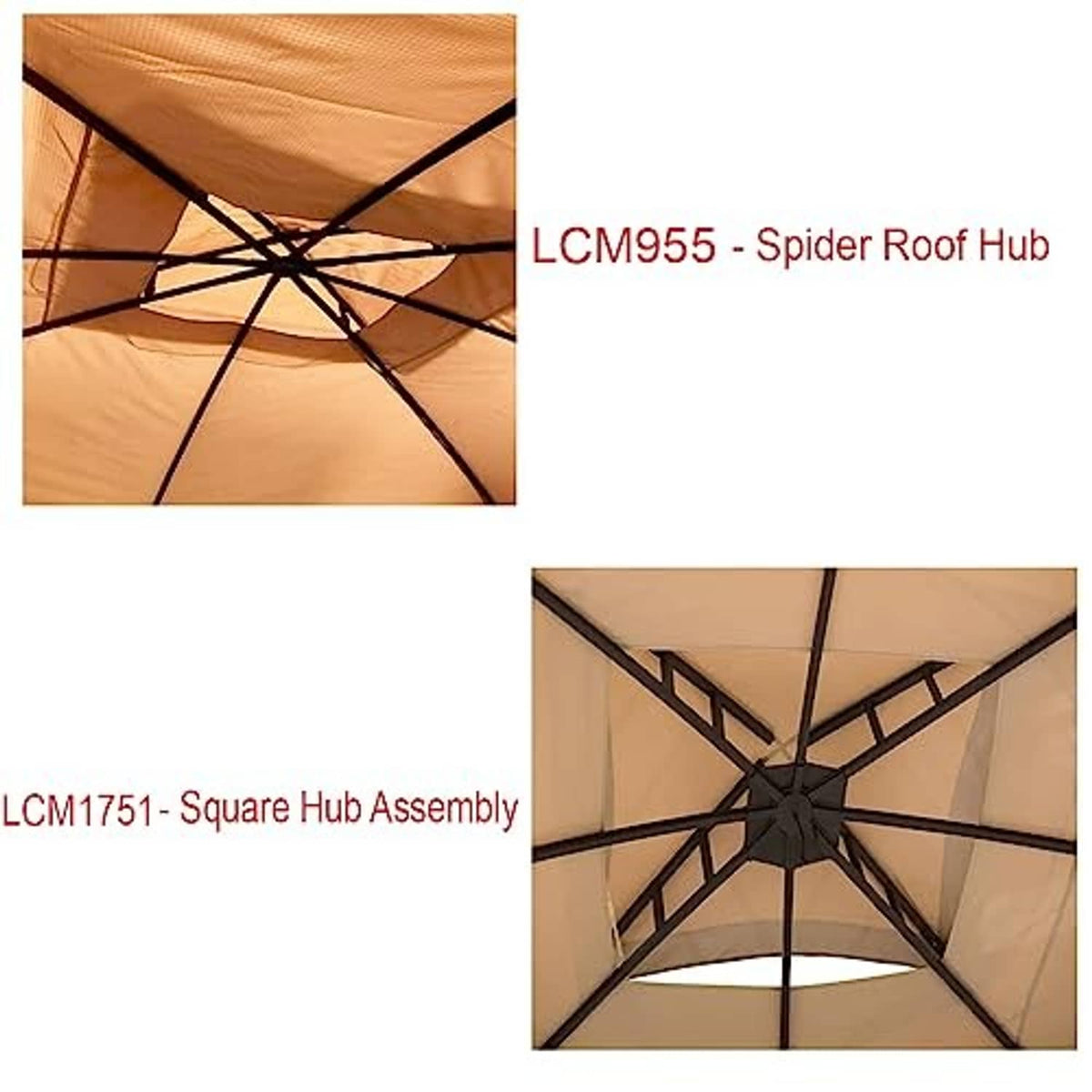 Beige gazebo canopy top cover with black spider-roof hub and cross braces