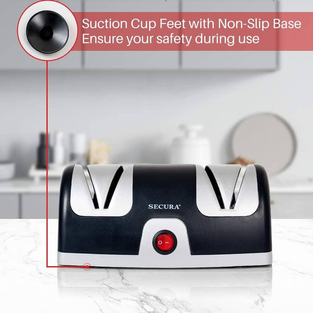 Secura 2-stage knife sharpener showing suction-cup feet and non-slip base