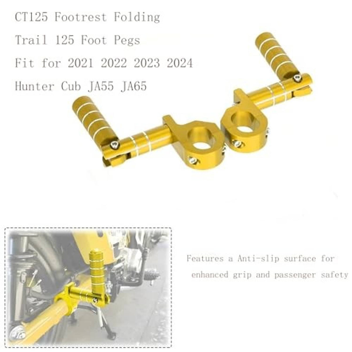 Gold folding foot pegs set with anti-slip grip surface
