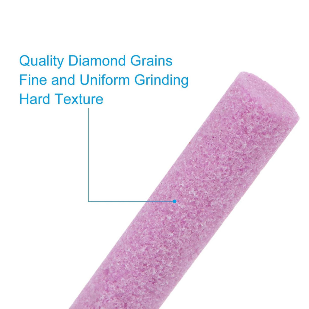 Pink diamond abrasive cylinder for chainsaw sharpener on metal shank, textured surface