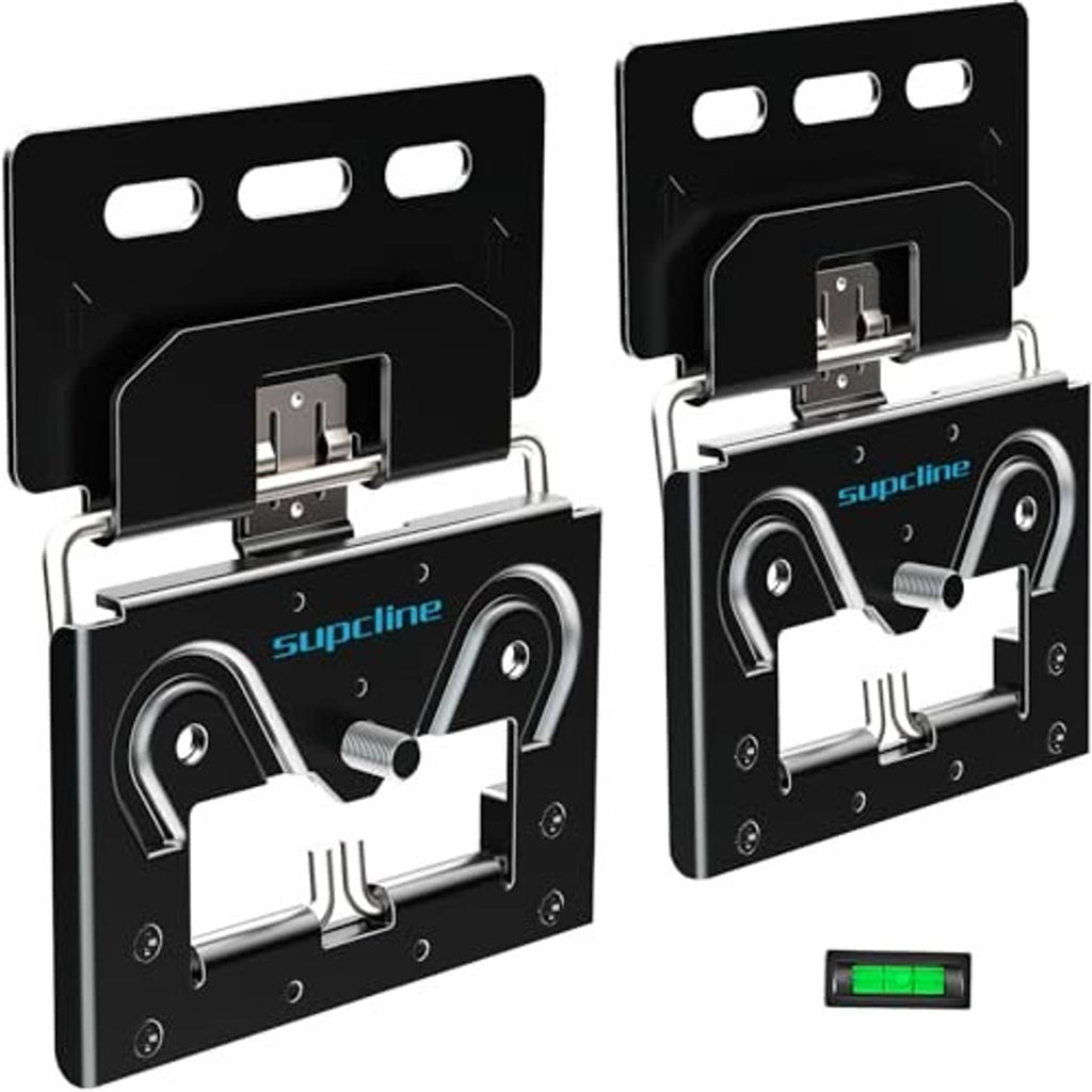 Ultra-slim black TV wall mount with VESA-style plate and adjustable metal arms