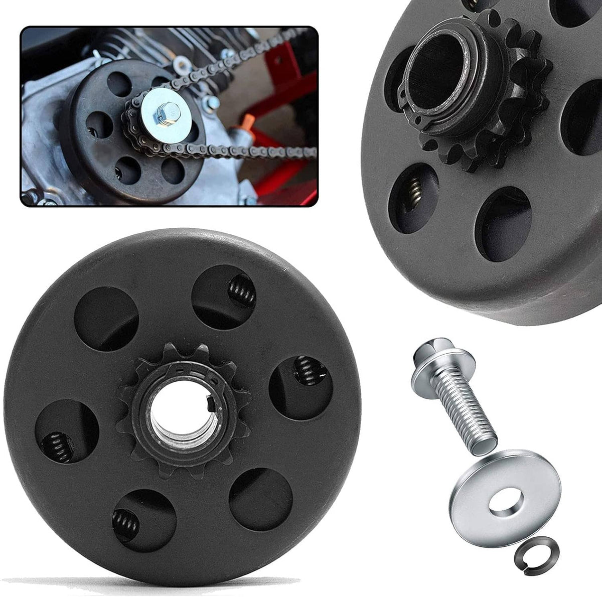 Black go-kart clutch plate with 10T sprocket, chain loop, and included mounting bolts