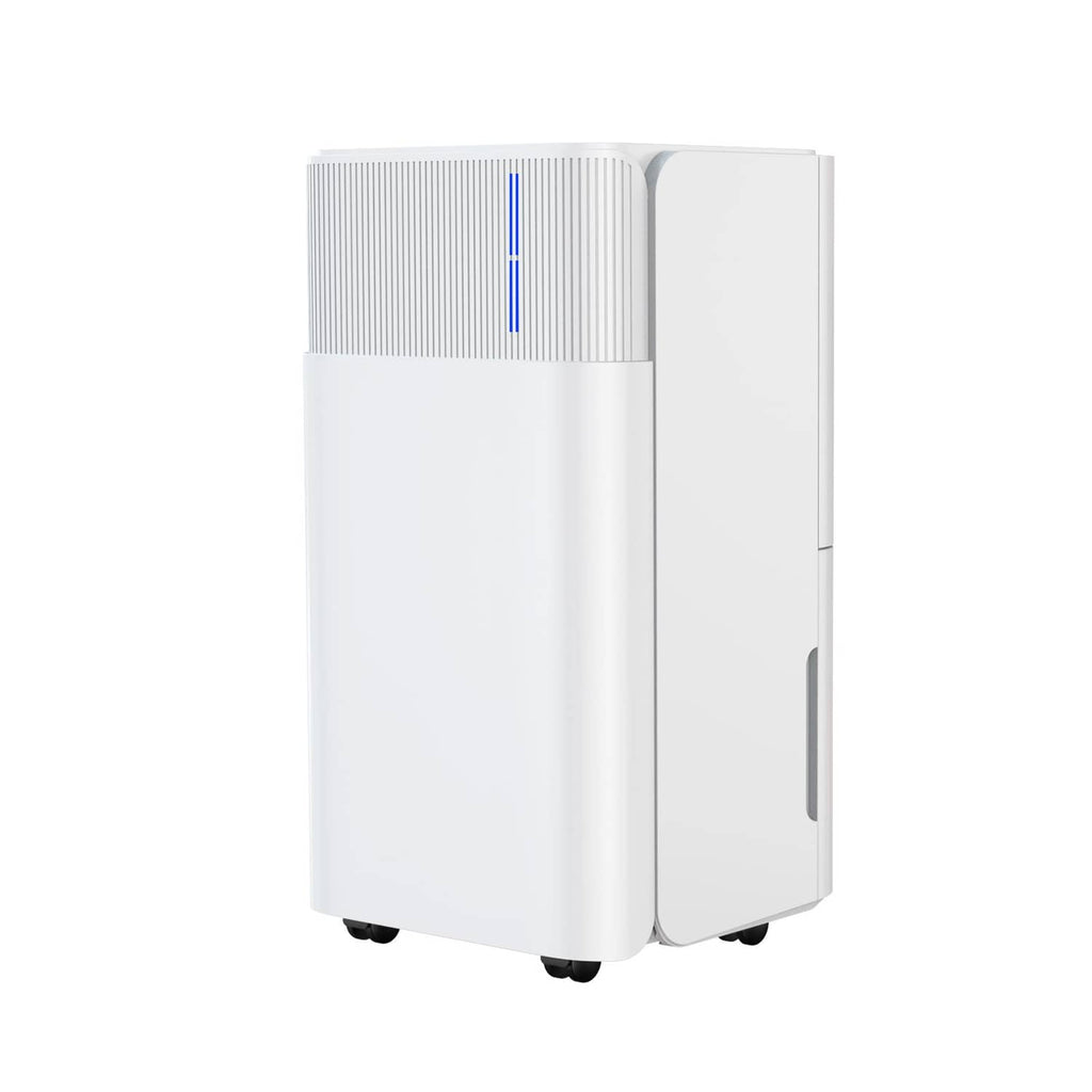 White dehumidifier angled view with side handle and blue indicator strip