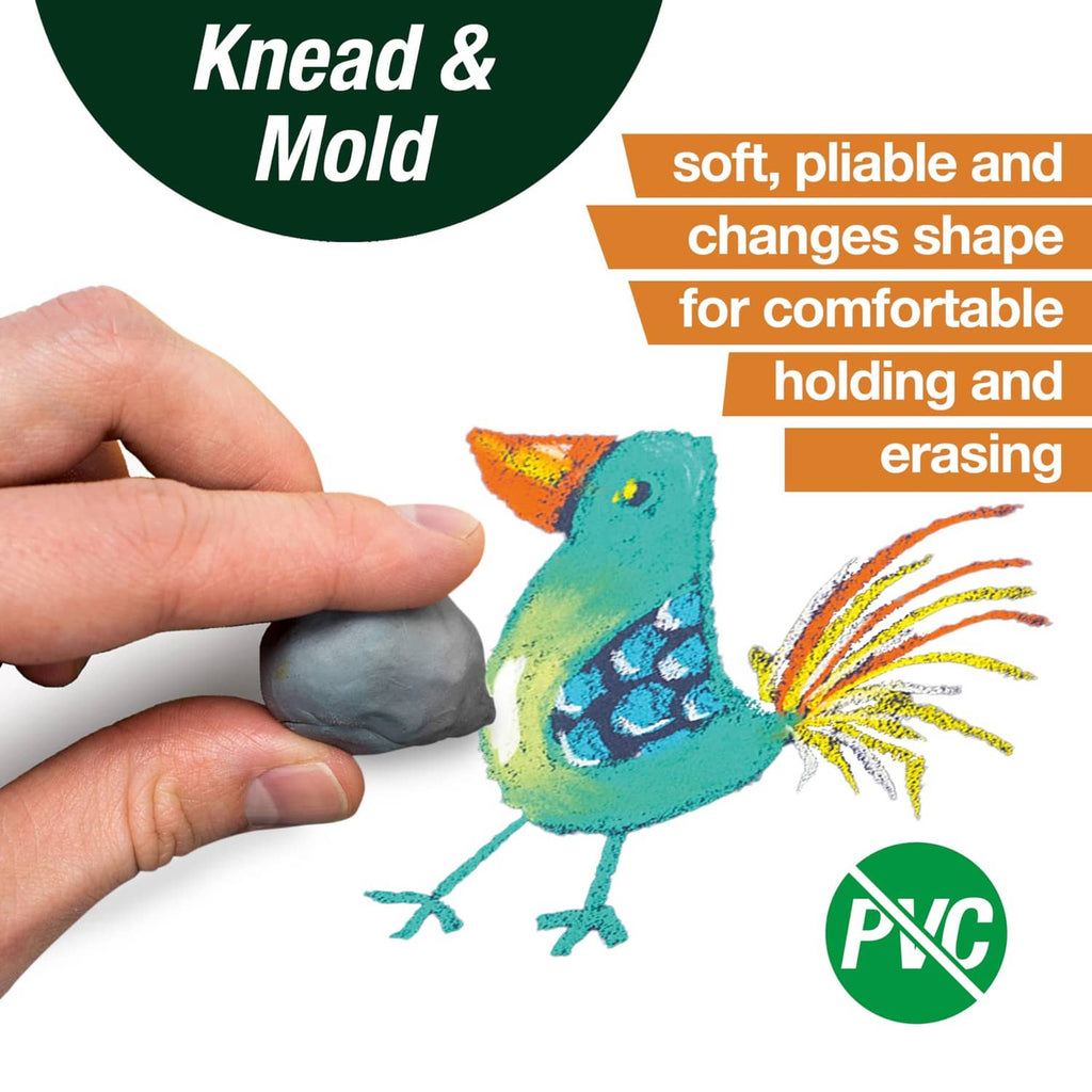 Hands knead a grey kneaded eraser block for shaping and erasing
