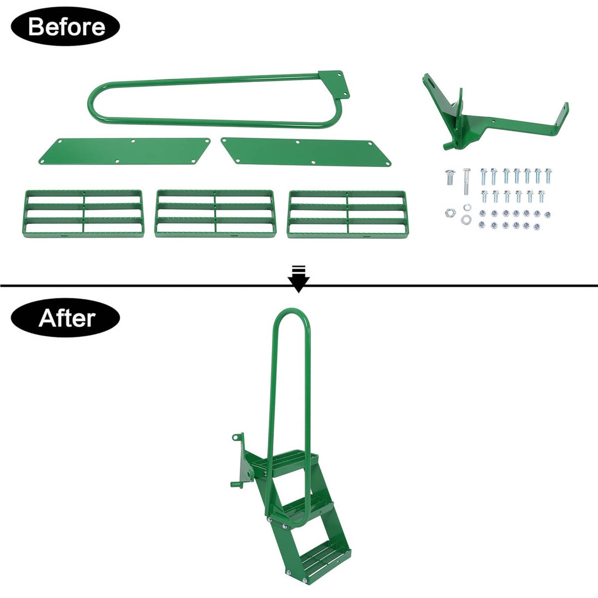 Tractor step extension kit parts set with handrail, mounting plates, and step rails