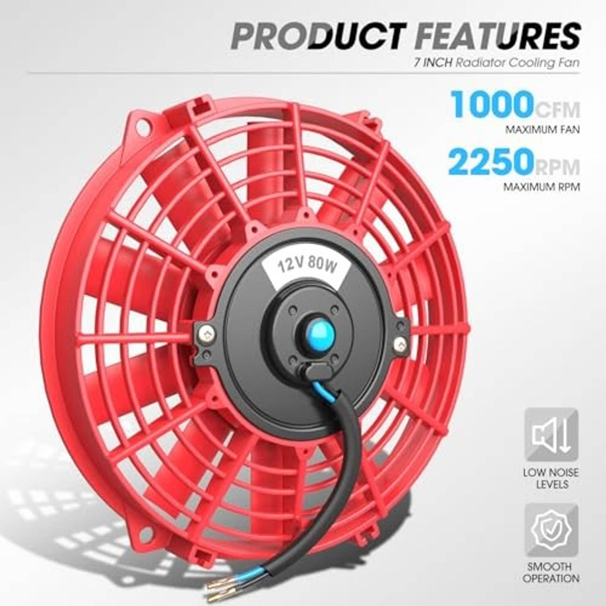 Red radiator cooling fan with black motor, blue indicator, and integrated wiring