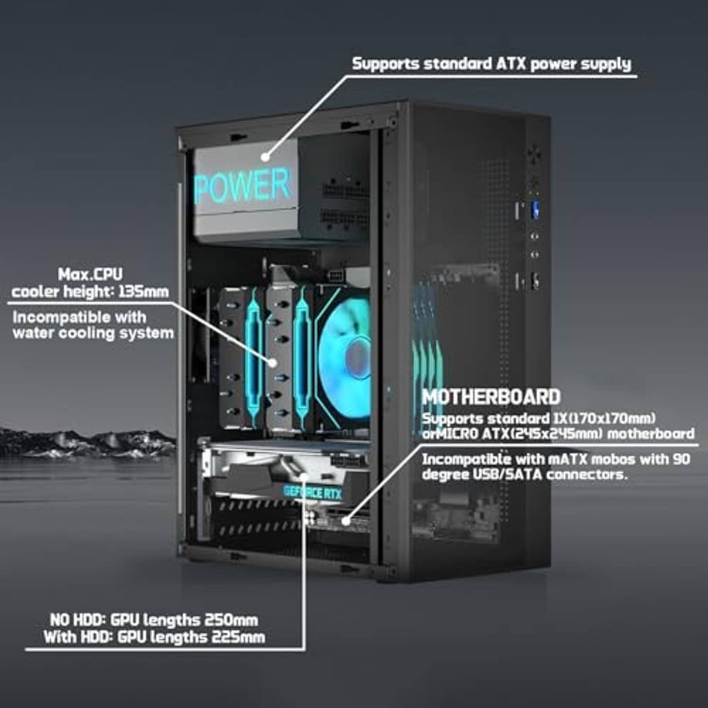 Black PC case interior cutaway showing motherboard area and cooling fan mounts