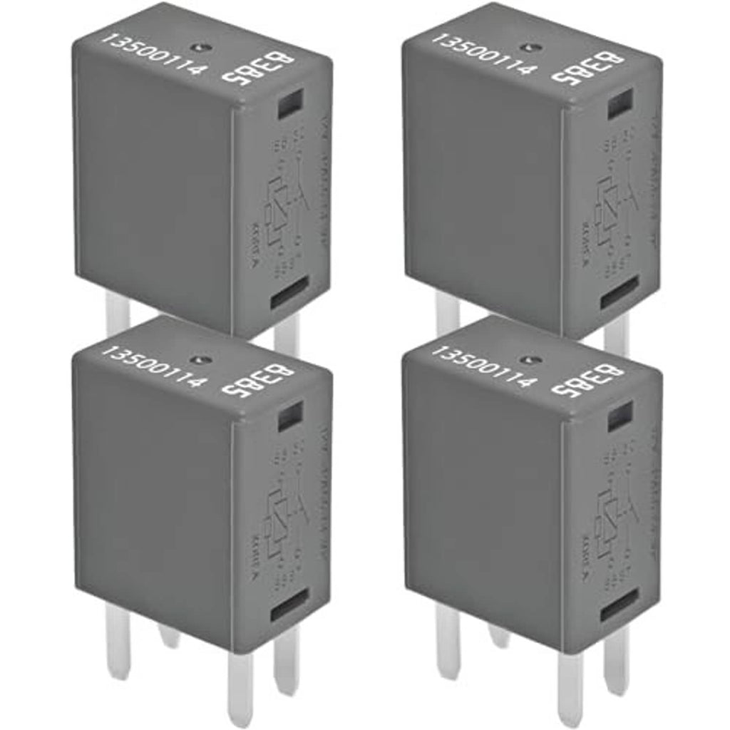Pack of four 4-pin fuse relays, dark gray body with side slot and blade prongs