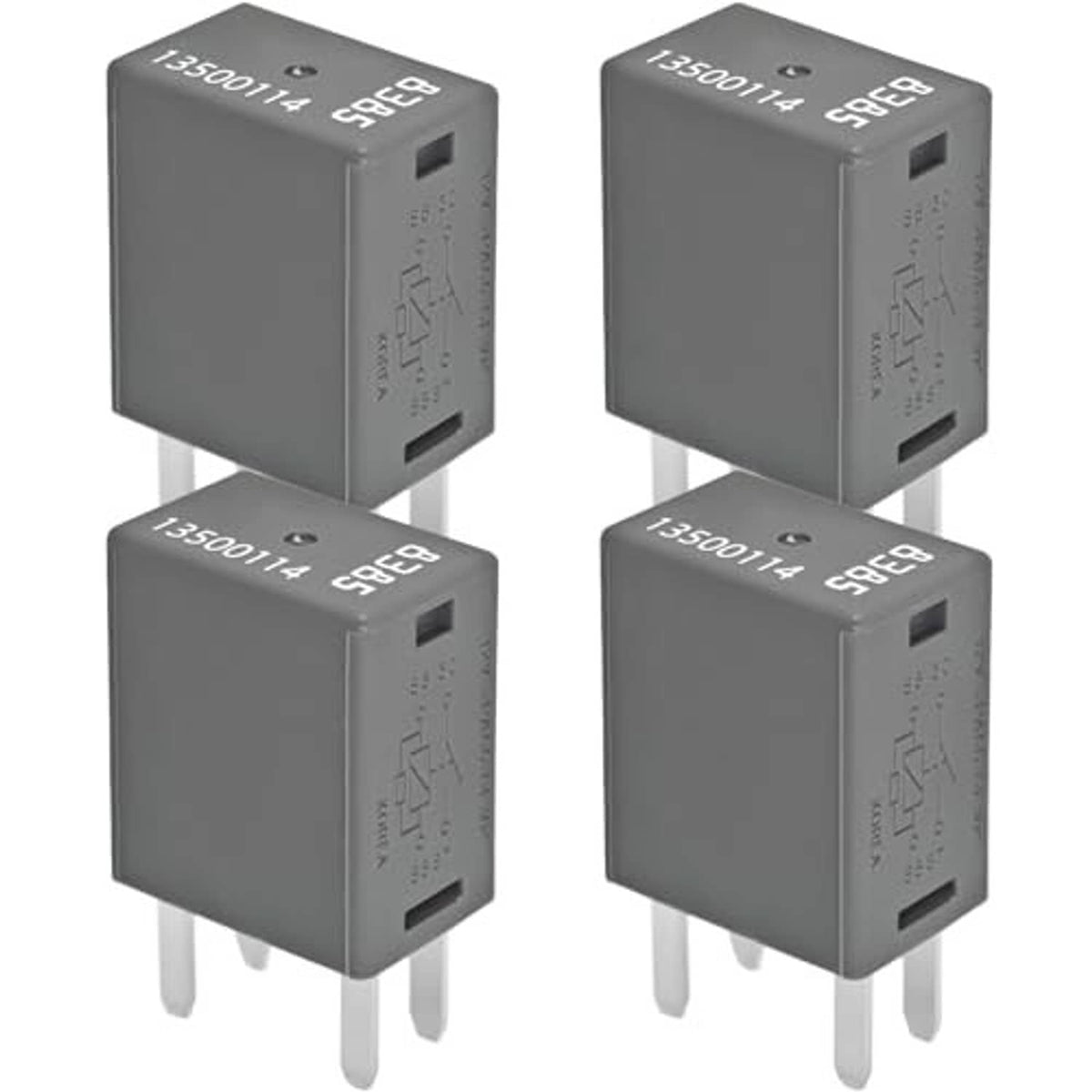 Pack of four 4-pin fuse relays, dark gray body with side slot and blade prongs