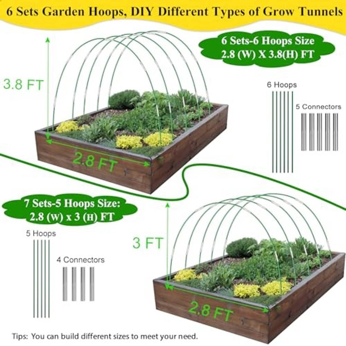 Raised bed garden hoop tunnel kit with white hoops and green frame, multiple lengths