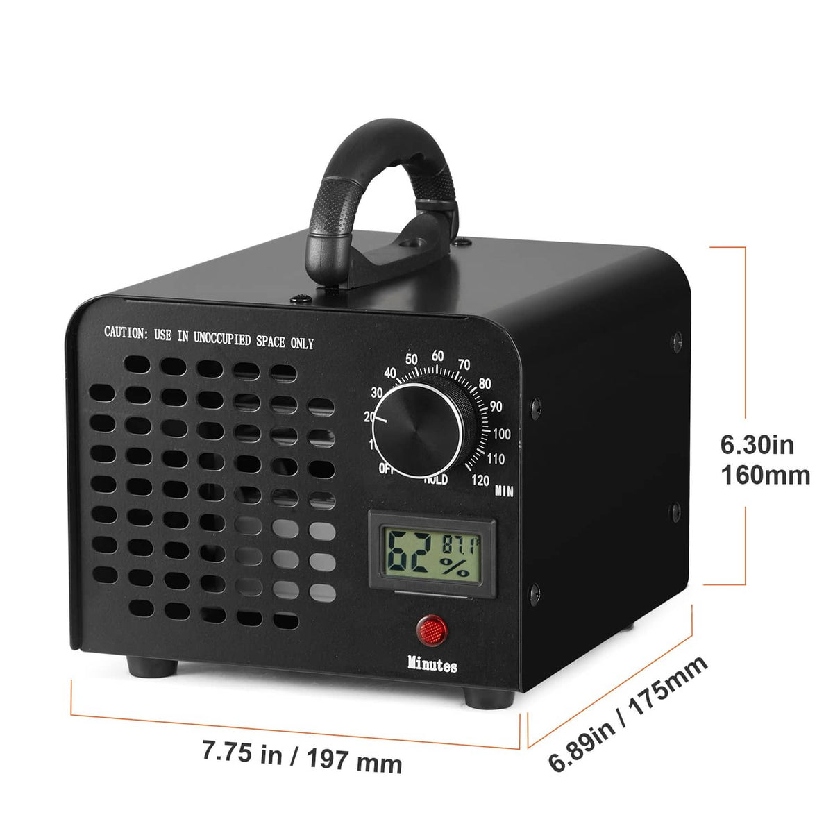 Black ozone generator machine with handle, vent panel, and timer dial with digital screen