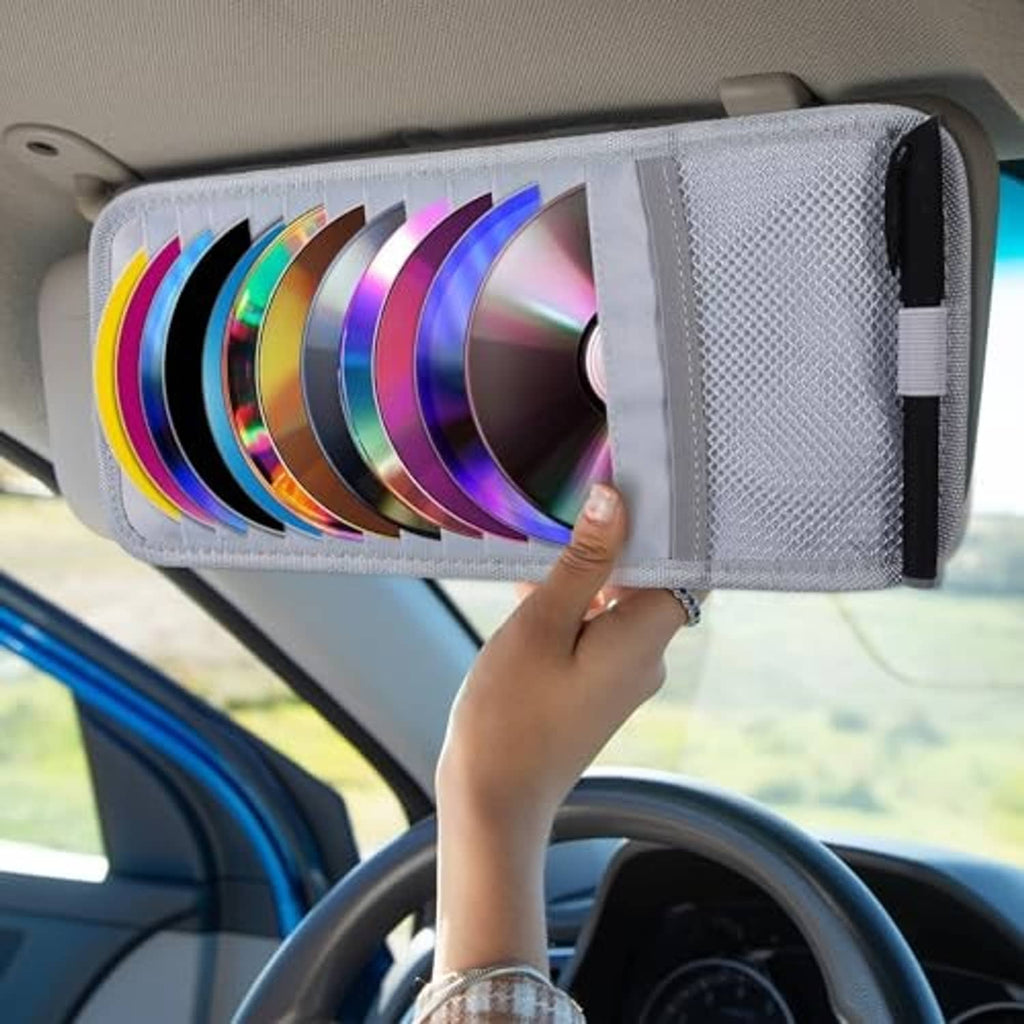 Gray car visor CD organizer case with mesh pocket divider and elastic strap closure