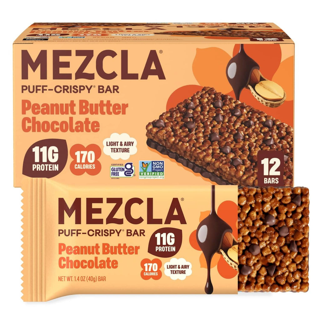 Plant-based puff-crispy protein bar pack with peanut butter chocolate flavor graphics