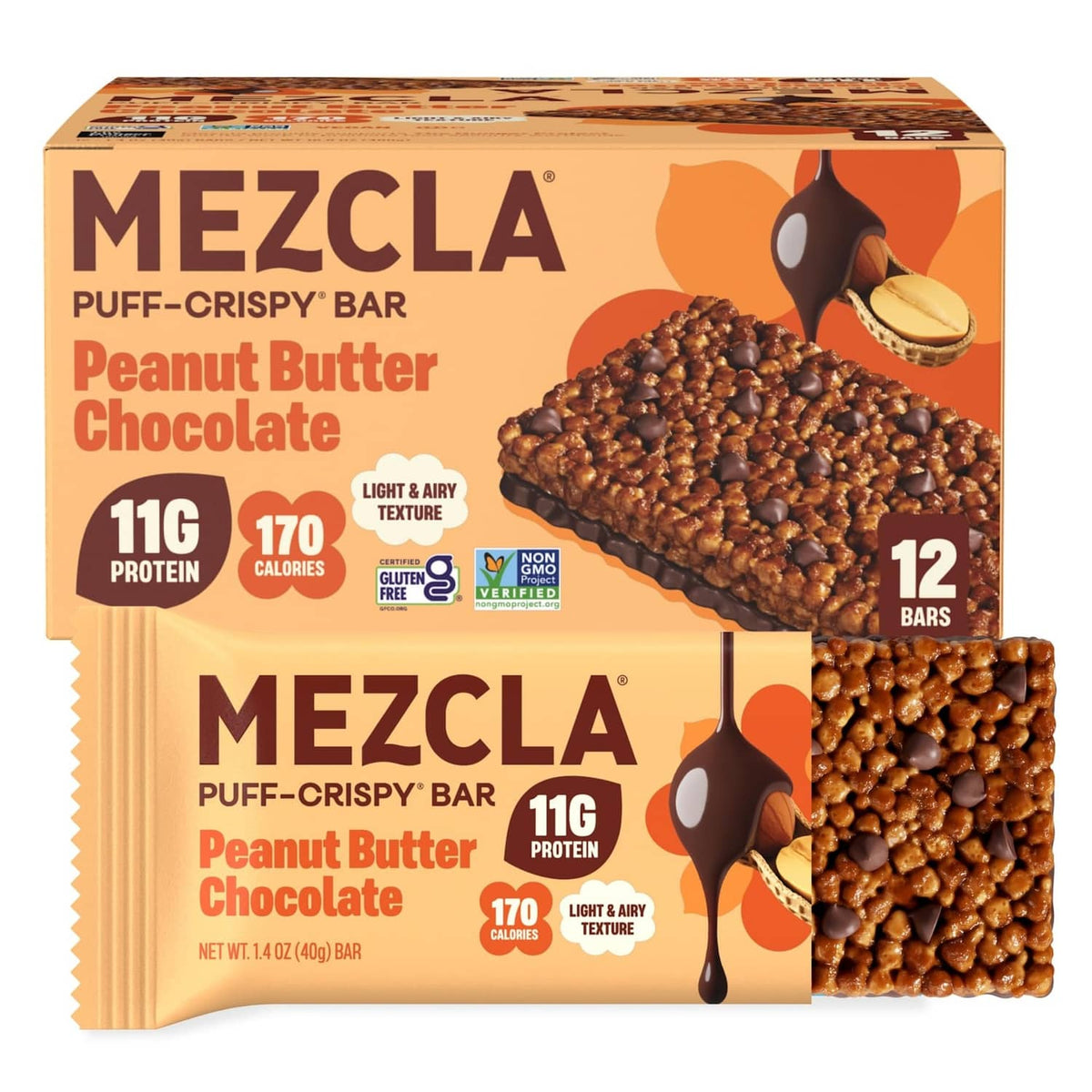 Plant-based puff-crispy protein bar pack with peanut butter chocolate flavor graphics
