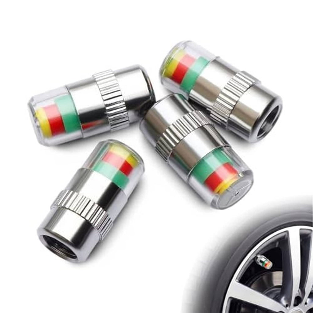 4-pack silver tire pressure monitor valve caps with multicolor indicator bands, shown with wheel