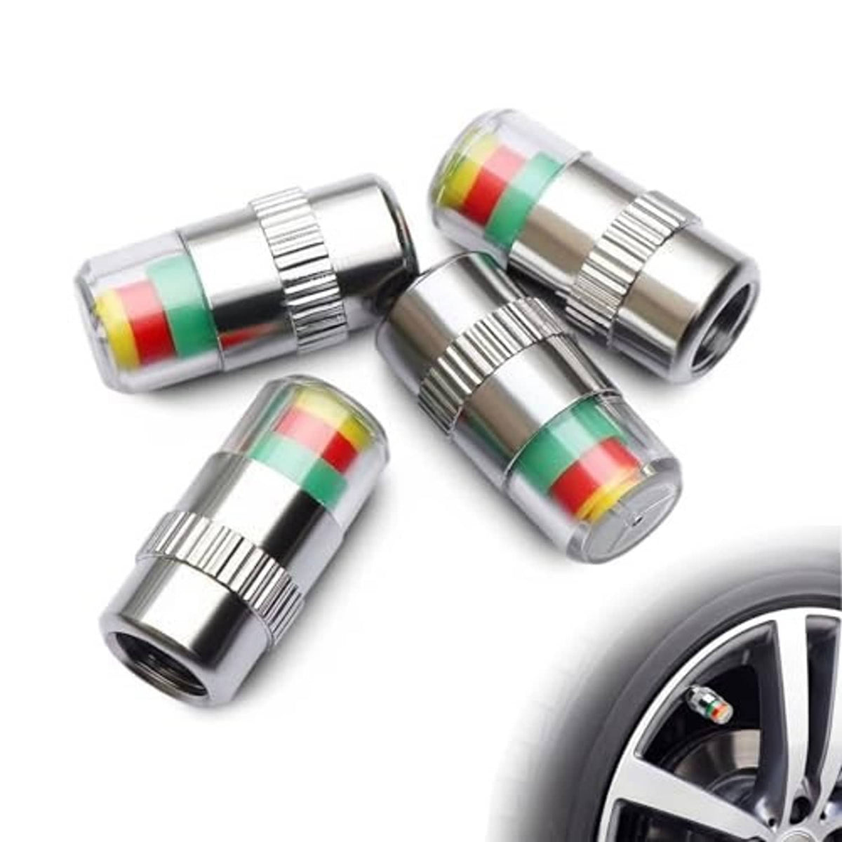 4-pack silver tire pressure monitor valve caps with multicolor indicator bands, shown with wheel