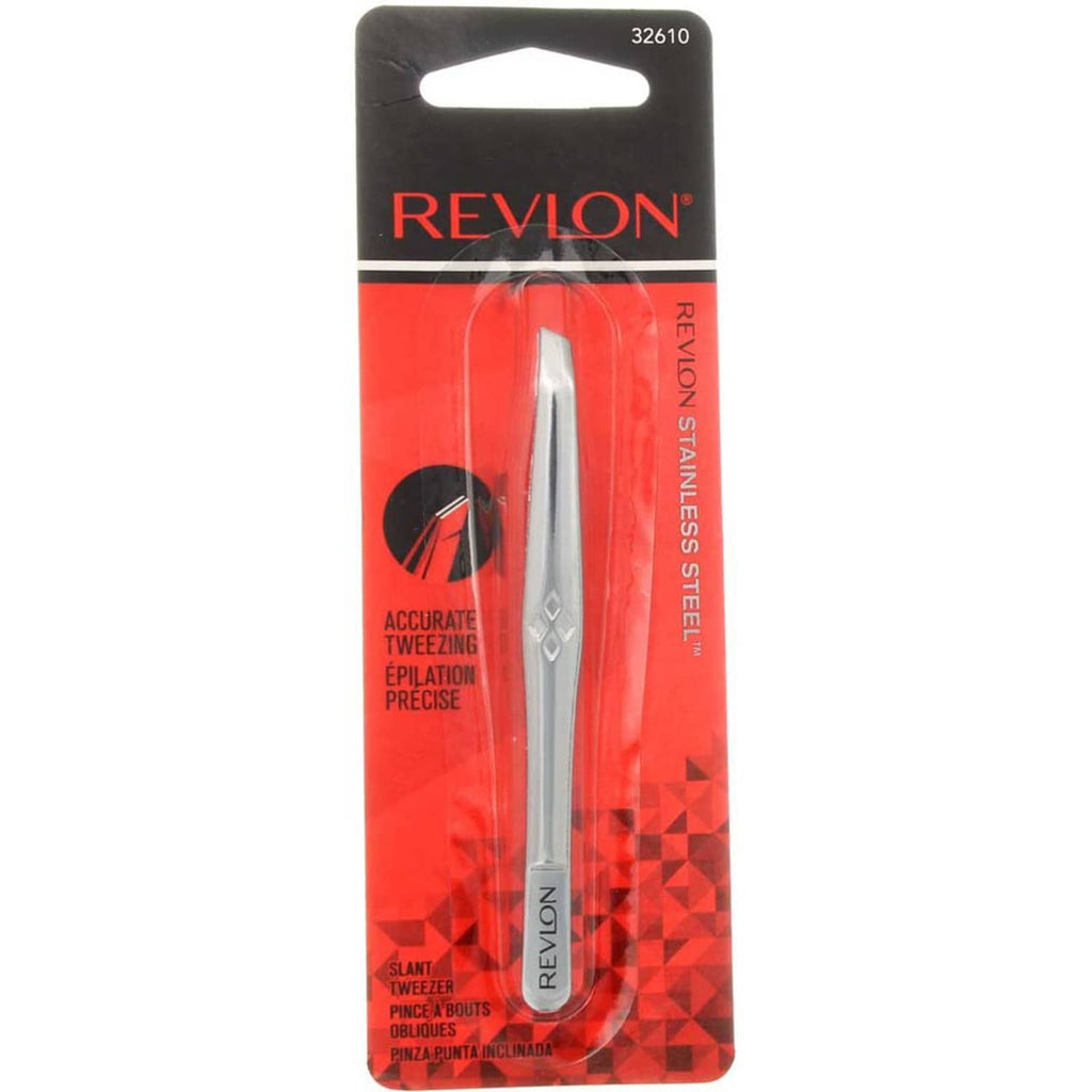Stainless steel slanted-tip tweezers in red blister packaging
