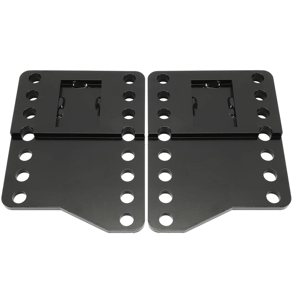 Pair of black steel mount brackets with open slots and circular mounting holes