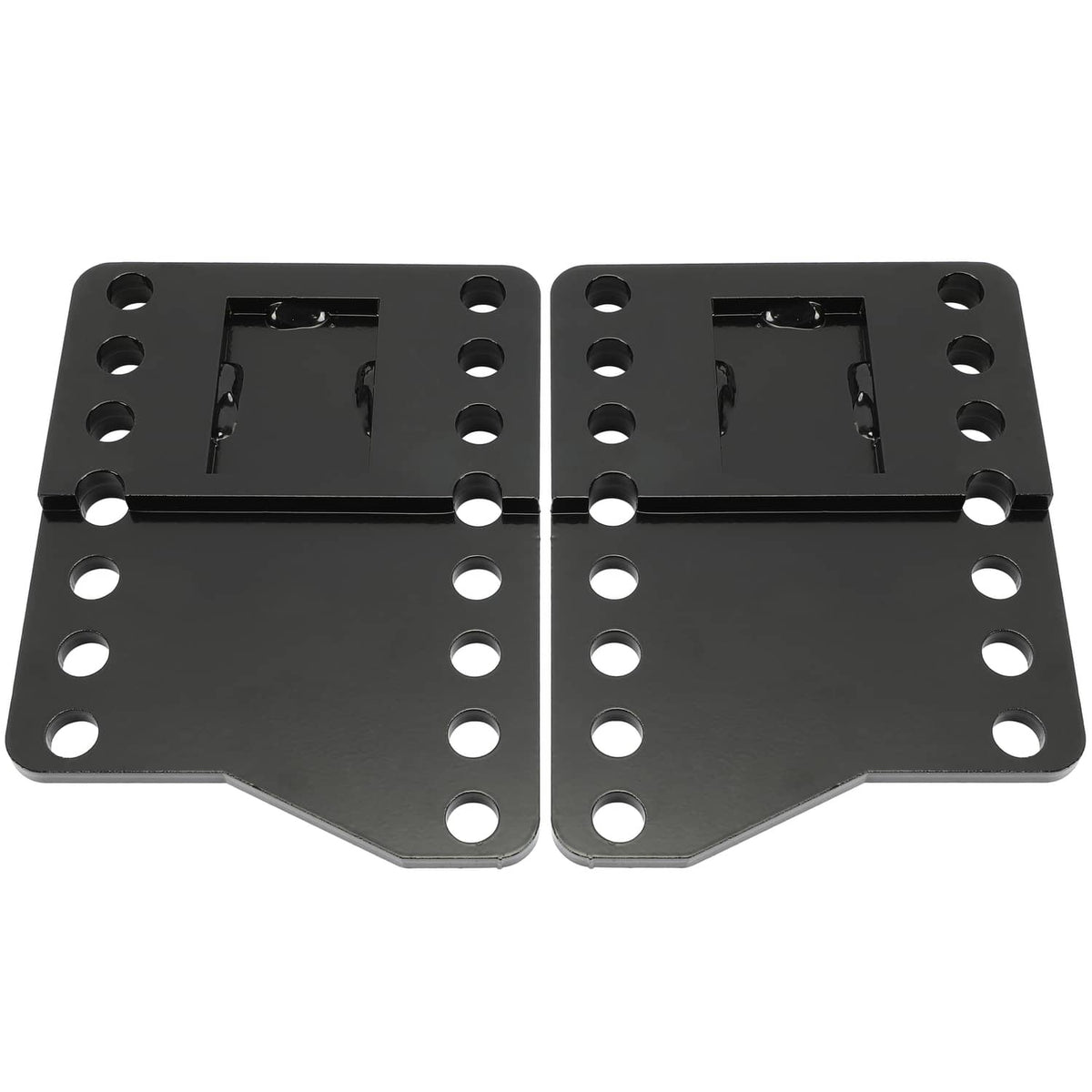 Pair of black steel mount brackets with open slots and circular mounting holes
