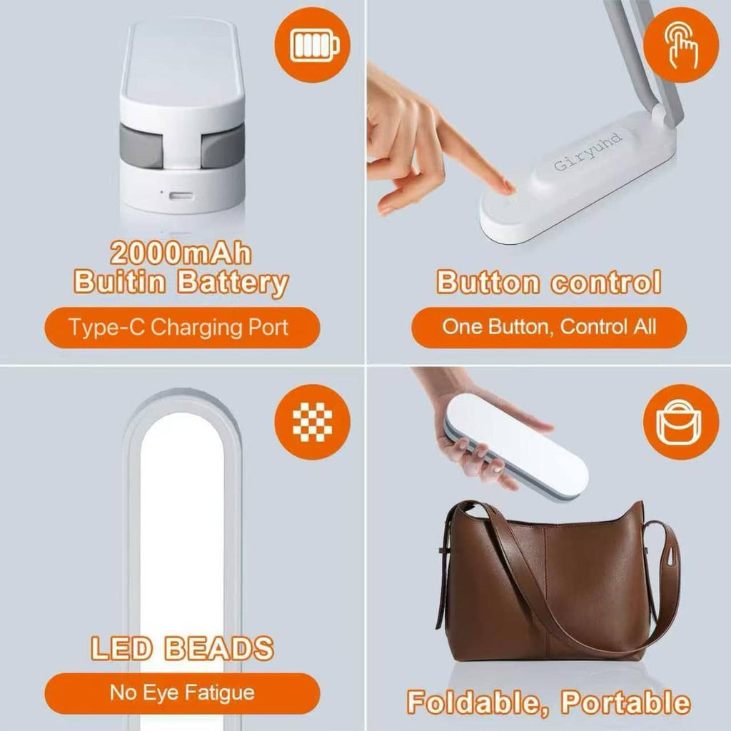 Foldable white LED desk lamp with round base and button controls, visible design close-up