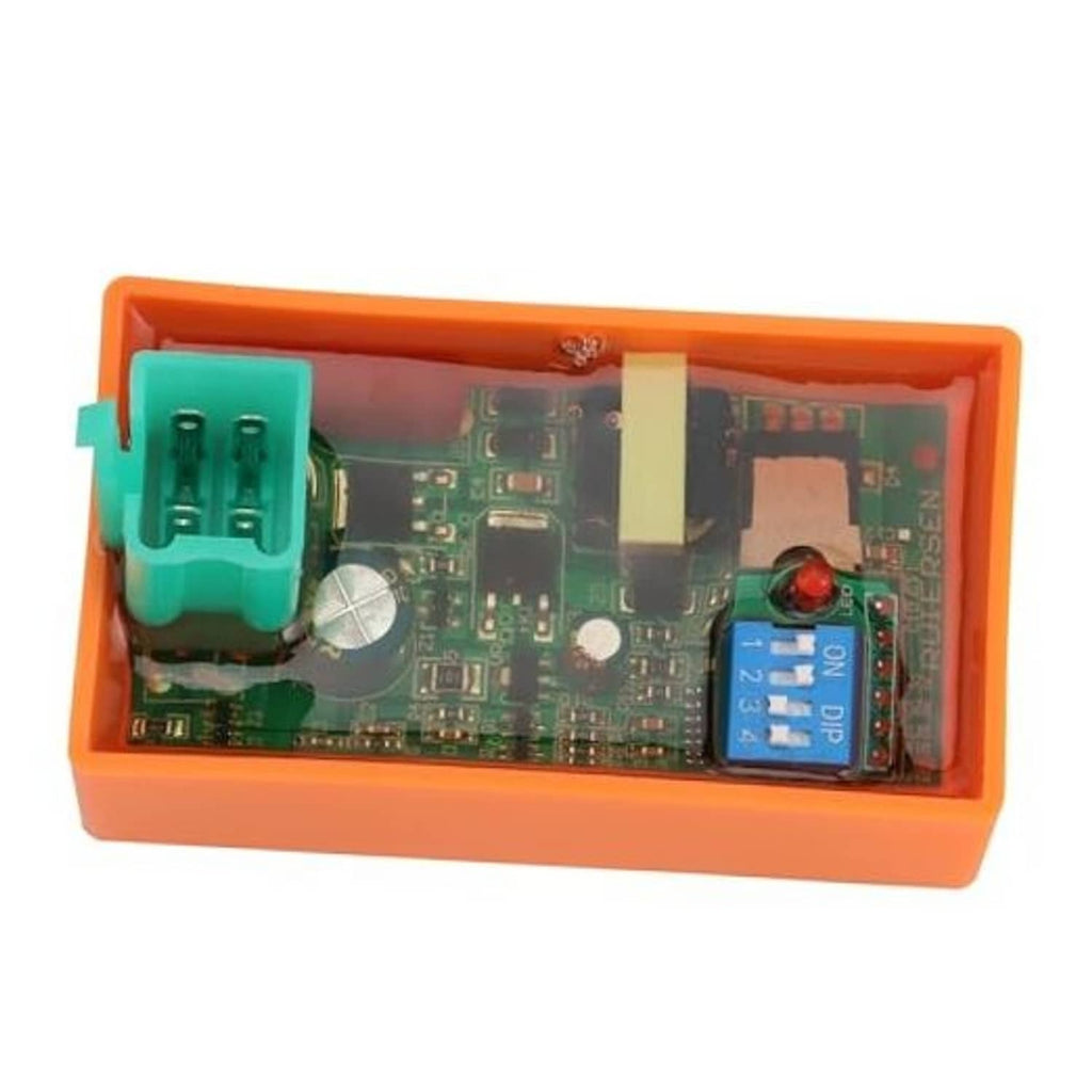 DC CDI ignition module PCB with 4-pin connector and blue DIP switch in orange case