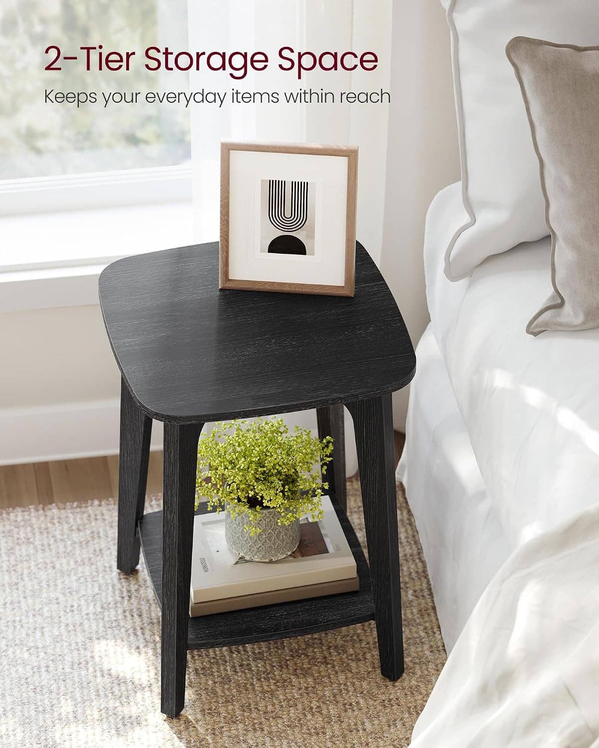 VASAGLE 2-tier nightstand side table with dark top and open lower shelf