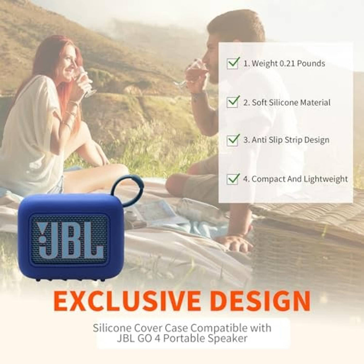 Blue silicone speaker cover case for JBL Go 4 with JBL logo and front cutout