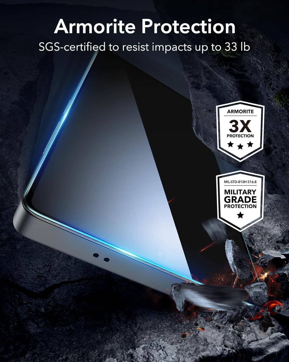 Impact protection tempered glass privacy screen protector with rugged graphic