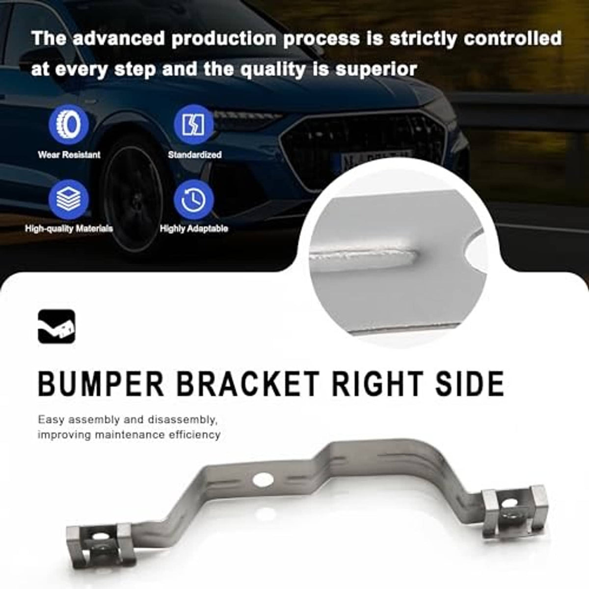 Right-side front bumper bracket, steel with end mounting tabs and holes