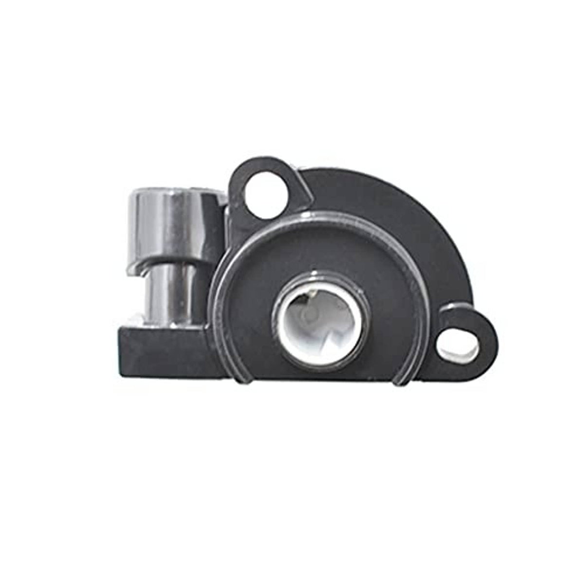 Throttle position sensor front view with circular port, black housing and metal bracket