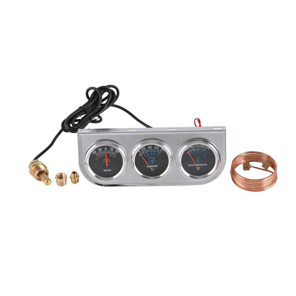 Triple car gauge panel with three round gauges, black wiring, and copper line kit