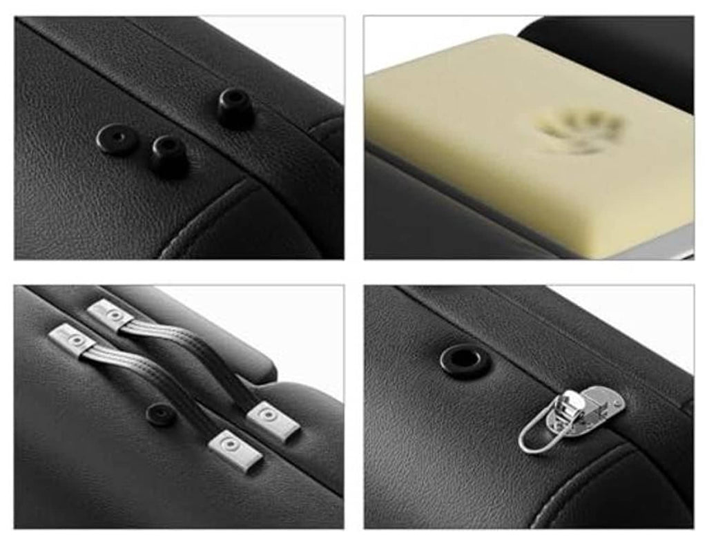 Black PU massage table close-up with foam head insert and strap buckles