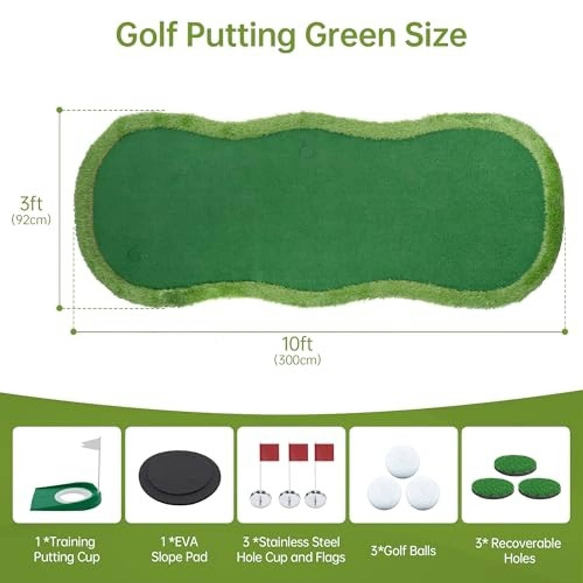 Green putting green mat, 10 ft by 3 ft practice area with wavy edge