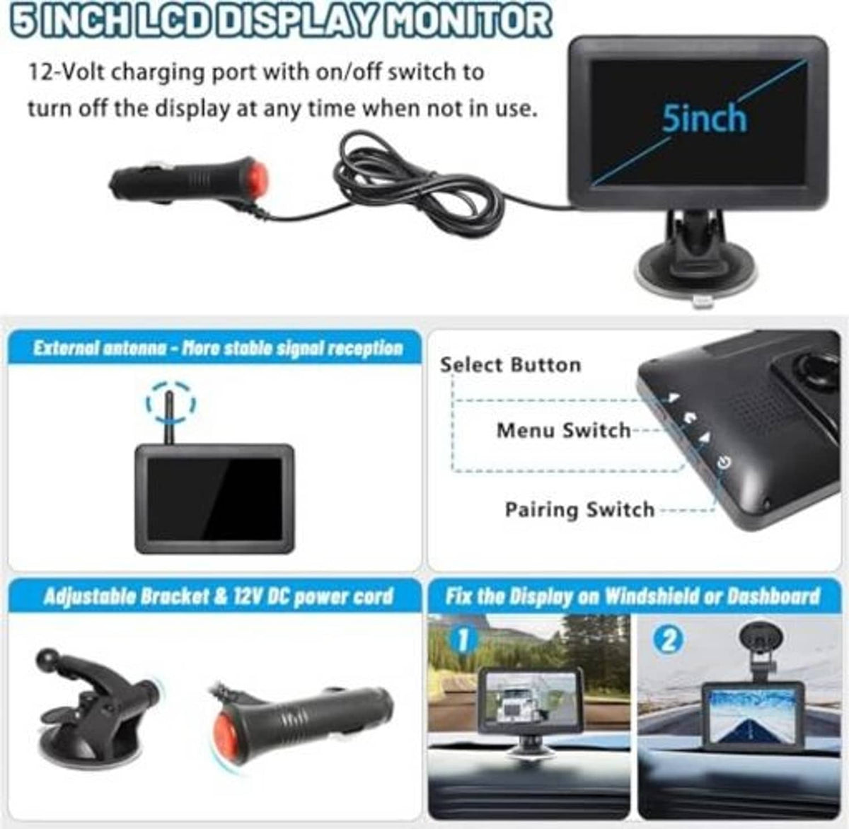 5-inch LCD display monitor with stand, power cord, and control buttons