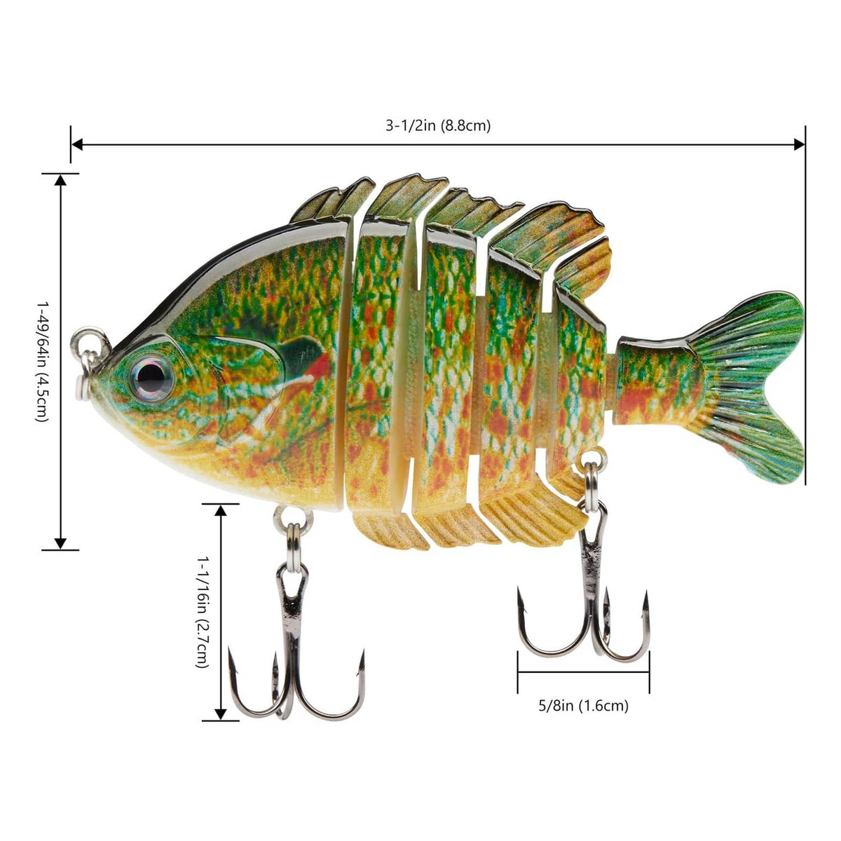 Multi-jointed green/orange fishing lure with multiple treble hooks and split tail fin