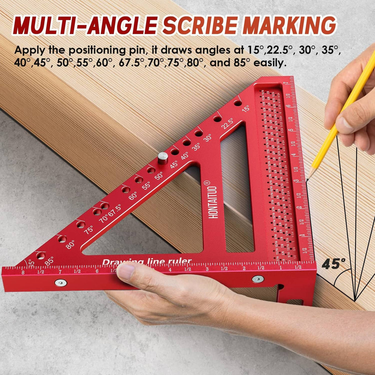 Red multi-angle scribe marking tool with long ruler and angled scribing slot