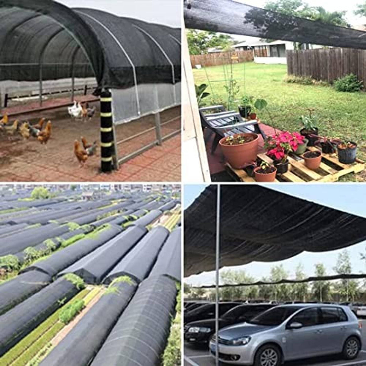 Dark mesh shade cloth canopy used over garden beds and parked vehicles