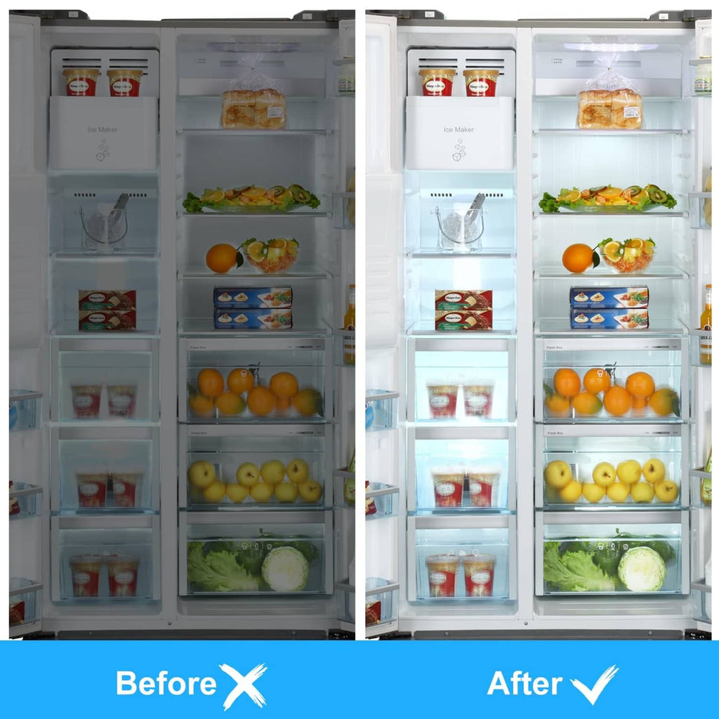 Refrigerator interior with before-and-after LED lighting for clearer food storage