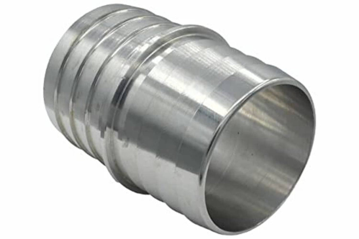 Metal hose barb splice coupler, flared end and ridged body, silver 1-1/2 in