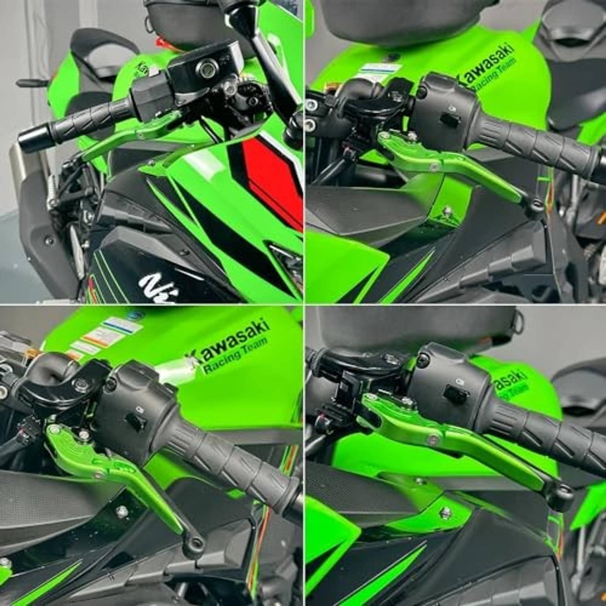Motorcycle adjustable folding levers mounted on green sport bike handlebar, black grips