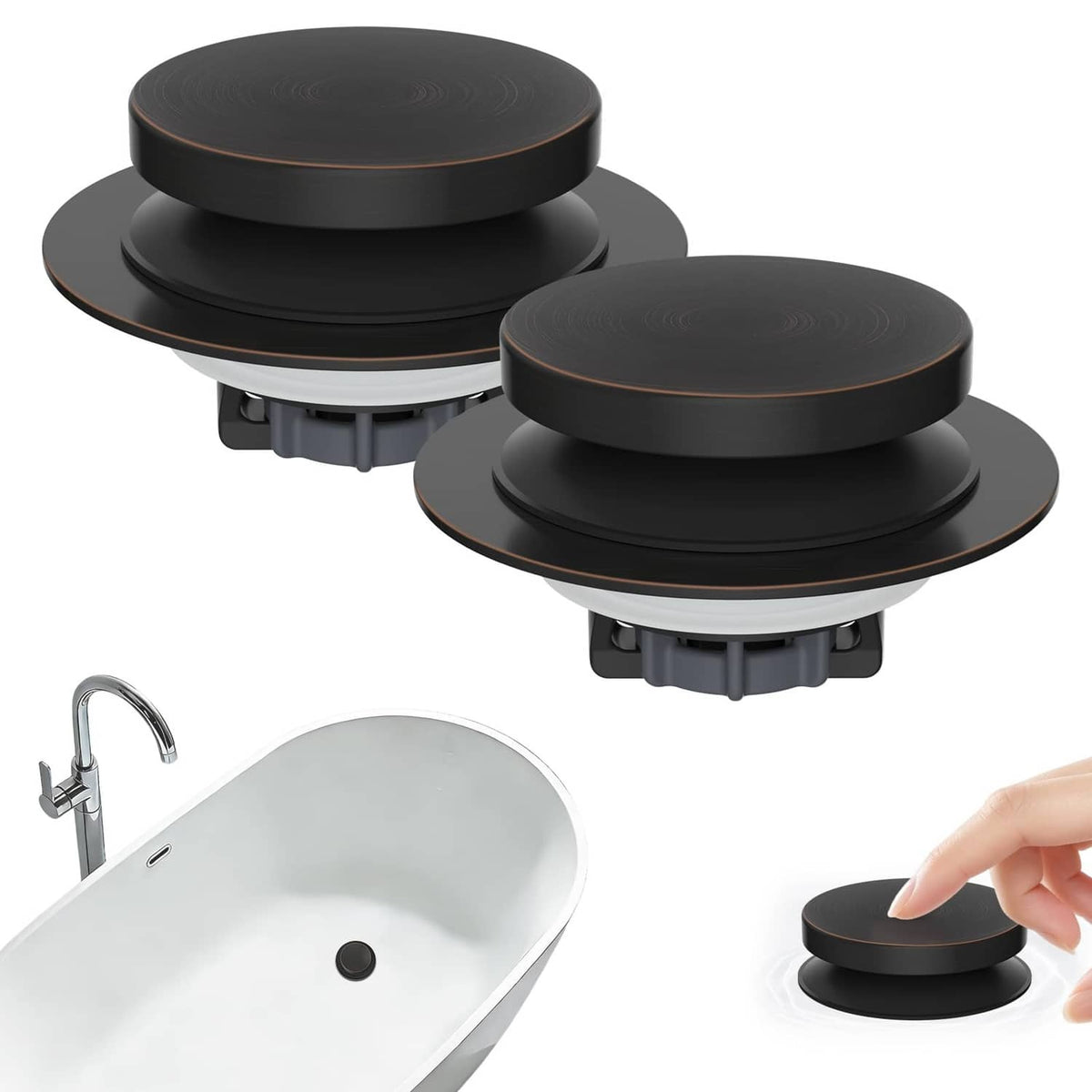 2-pack metal bathtub drain stoppers with round black caps and matching bases