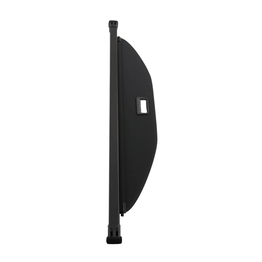 Retractable cargo cover luggage shade, side end view with handle opening and legs