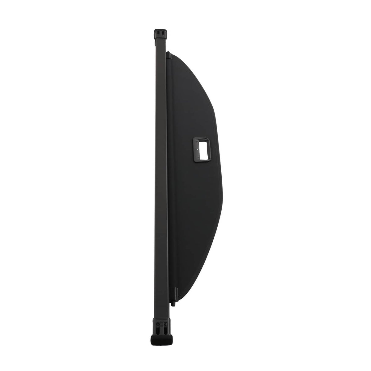 Retractable cargo cover luggage shade, side end view with handle opening and legs