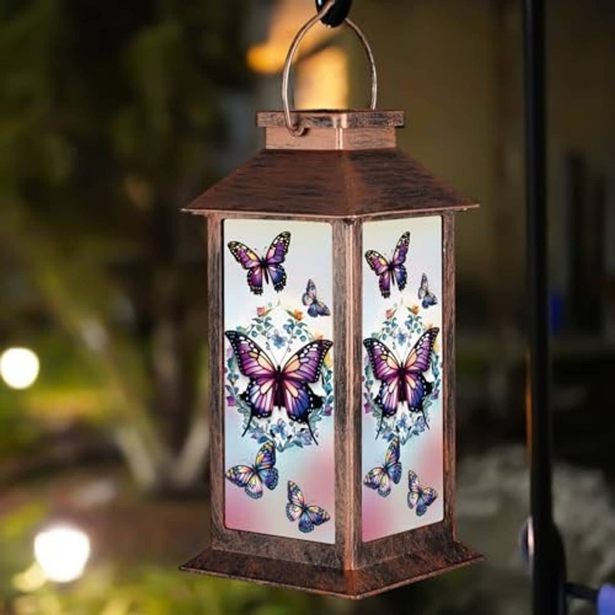 Bronze solar garden lantern with four butterfly images on clear window panels