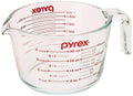 Pyrex glass measuring cup, 4-cup (32 oz) with red volume markings and handle